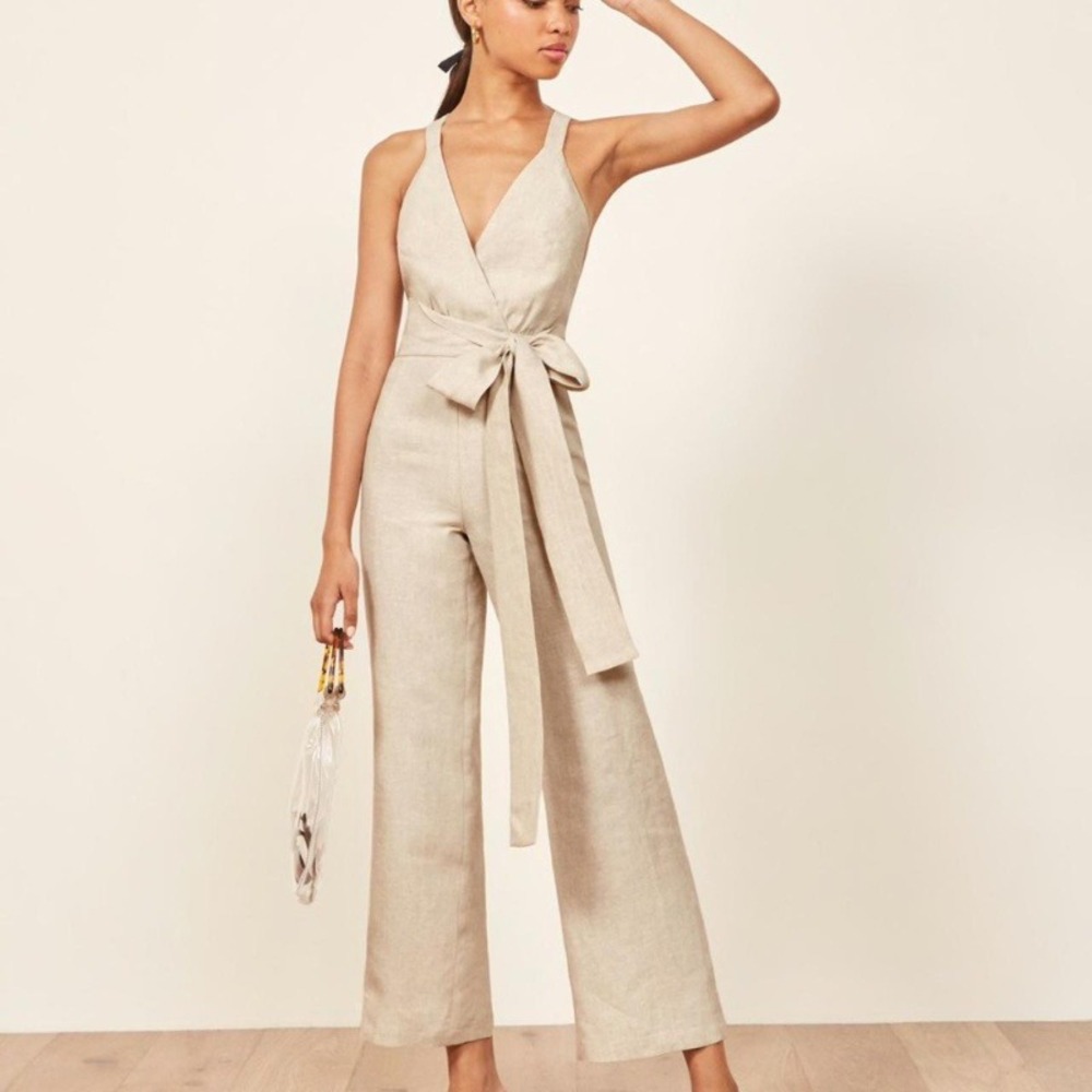 Reformation Dani Jumpsuit 100% Linen Halter Oatmeal Beige Wide Leg Size 6